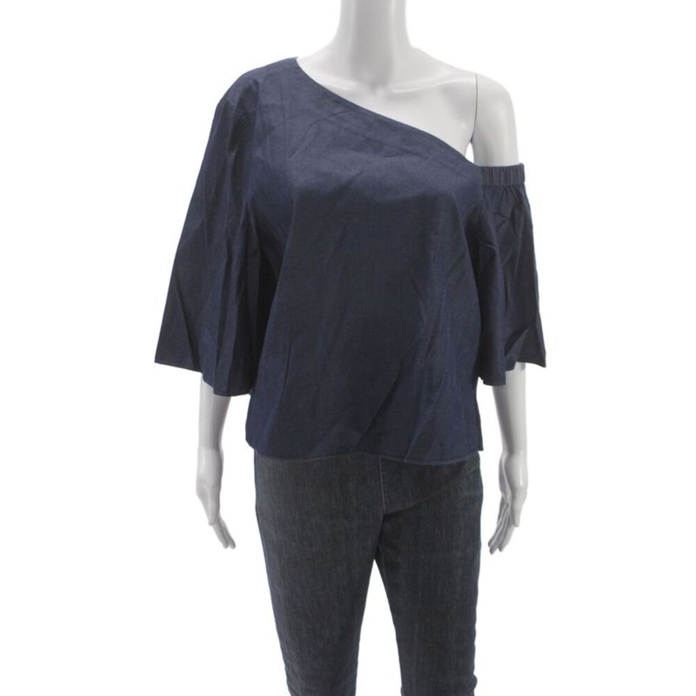 Tibi Womens One Shoulder Denim Blouse 3/4 Sleeve Blue Size 12